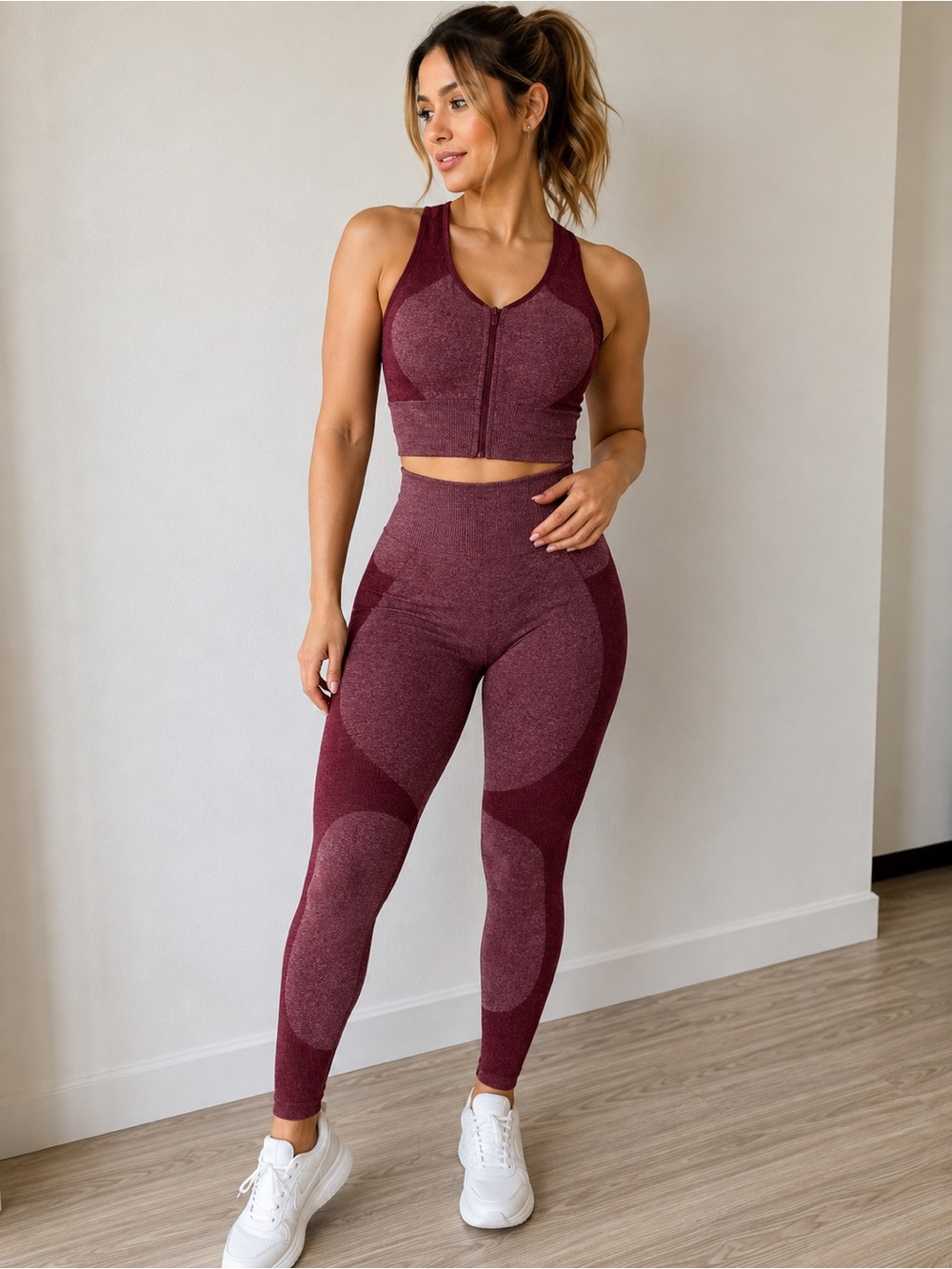 Seamless High-Waist Leggings & Zip Sports Bra Set - Burgundy